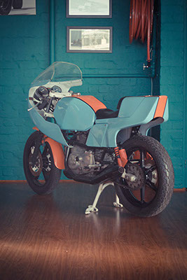 Ducati Desmo Pantah resto-mod vintage cafe racer gulf colour track racer, italian style